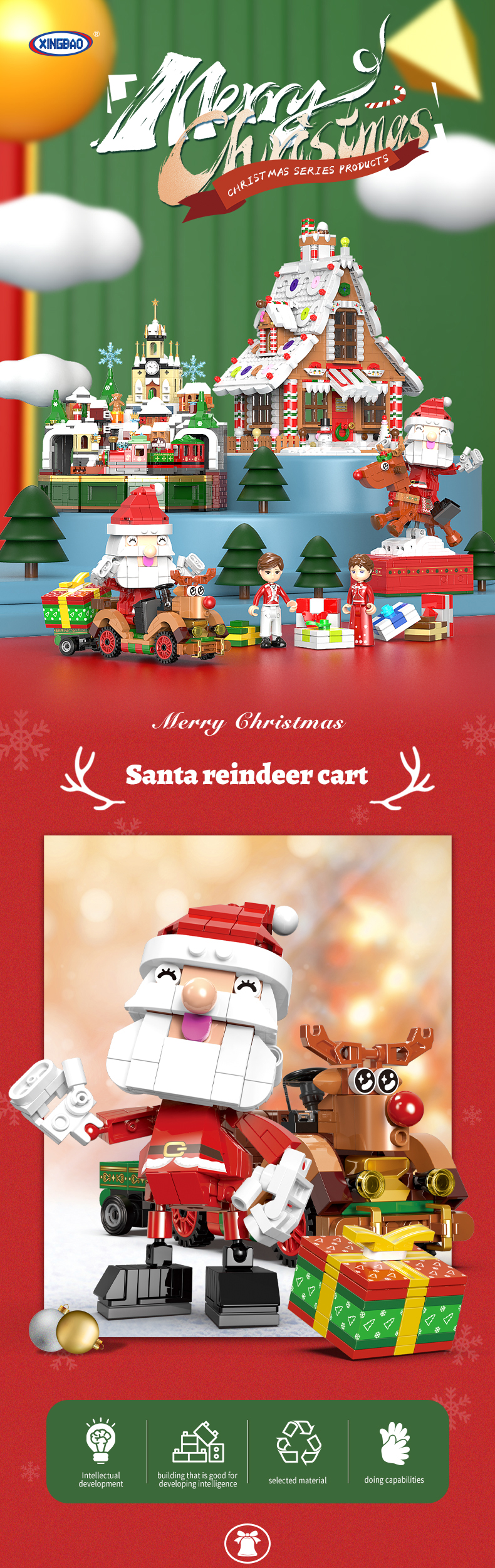 Hot Sale Christmas Gift Xingbao 18022 Reindeer Cart Building Blocks Christmas Santa Bricks Building Toys