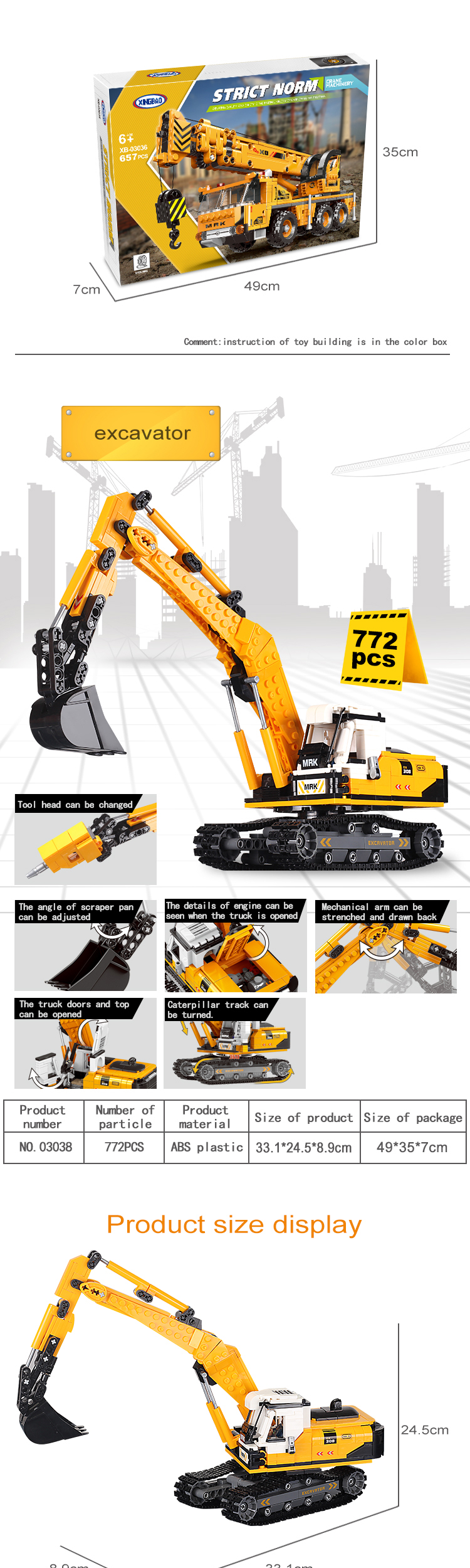 Xingbao 03038 Excavator Model Plastic Building Blocks Engineering Car Series Kid Toys