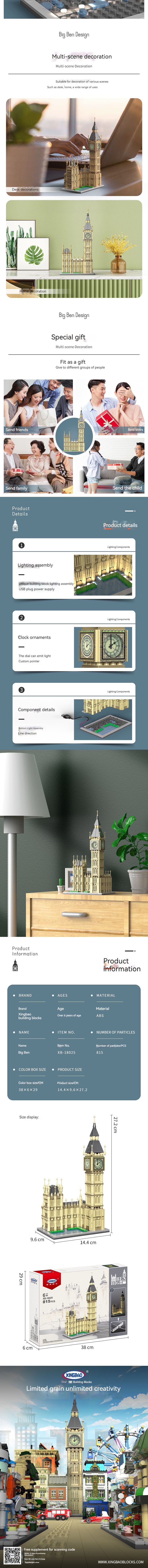 Xingbao 18025 Big Ben Clock Tower Children's Toys Creative Building Blocks Building Toys