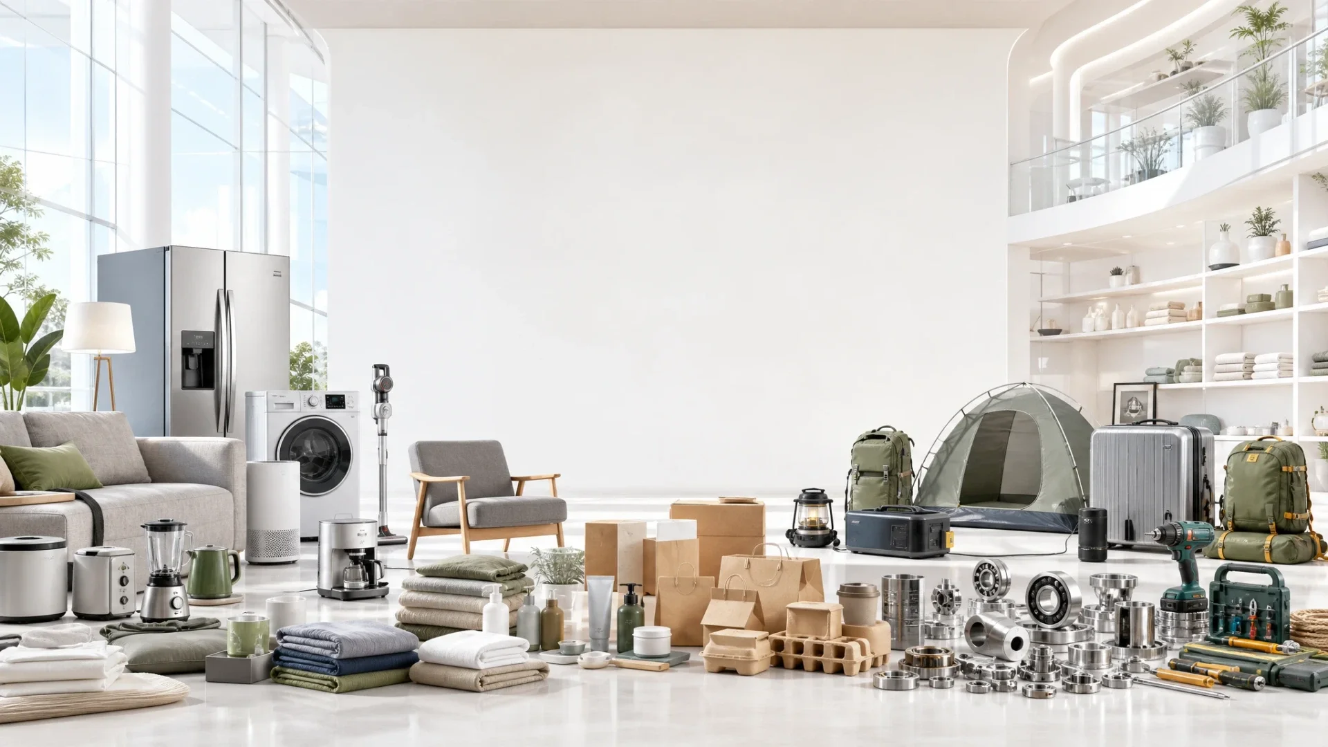 Bright full-category sourcing display with products arranged along both sides and across the bottom
