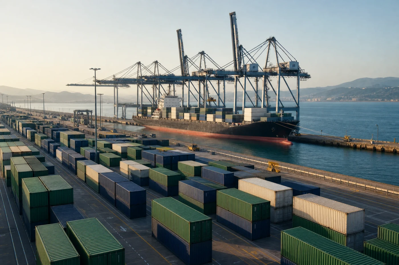 Container ship and orderly container terminal at a coastal international port