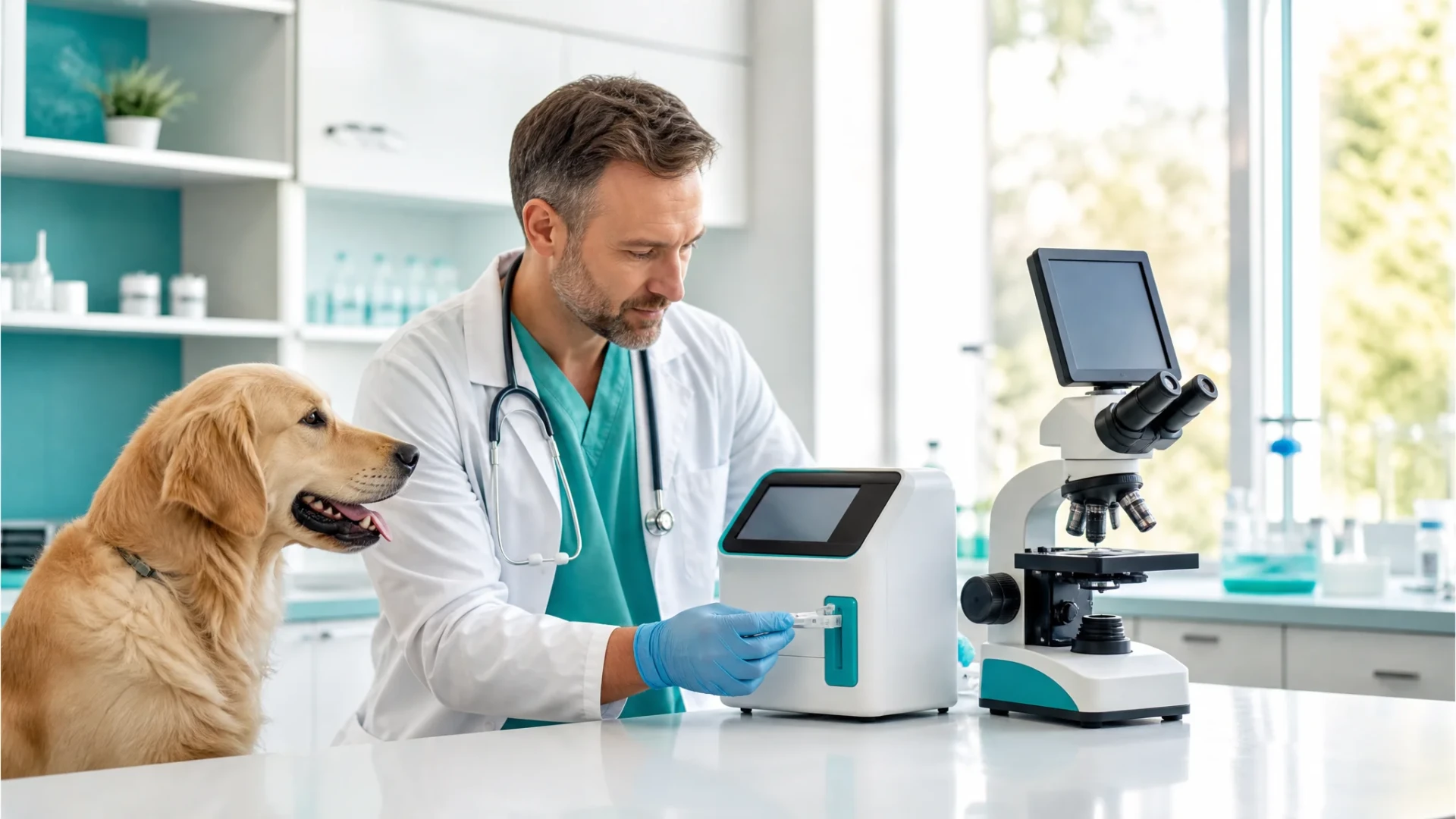 Veterinarian using diagnostic equipment in a modern clinic laboratory