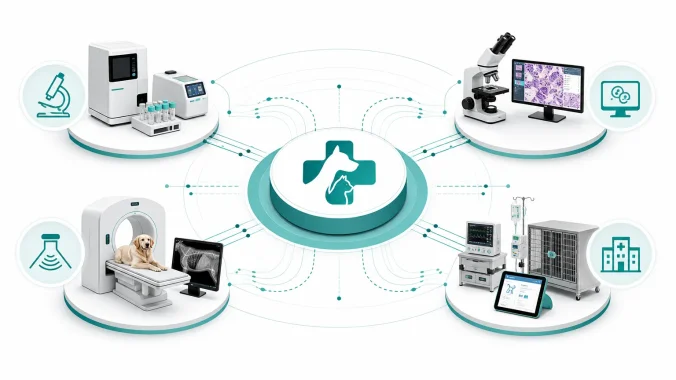 One-stop solution capability infographic - IVD, microscopy and imaging full-category coverage plus cross-factory elastic capacity, qualitative display