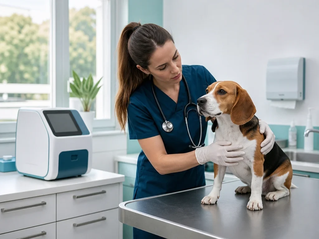 Veterinarian in scrubs examining a beagle on an exam table in a bright independent veterinary clinic, portable diagnostic analyzer on the counter