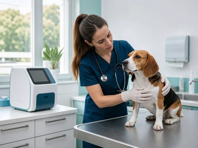 Veterinarian examining a dog in a bright clinic with diagnostic equipment nearby