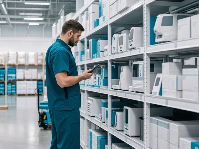 Warehouse worker checking veterinary equipment inventory as a supply-chain process visual
