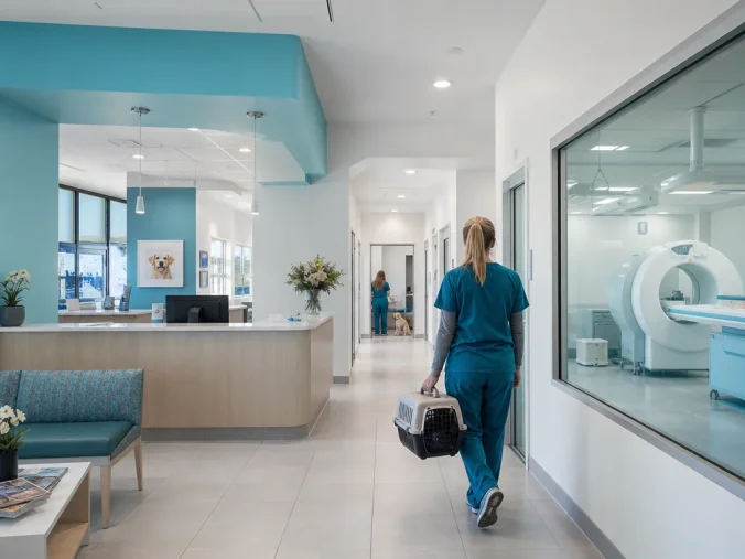 Modern chain pet hospital reception and clinical corridor with staff near an imaging room