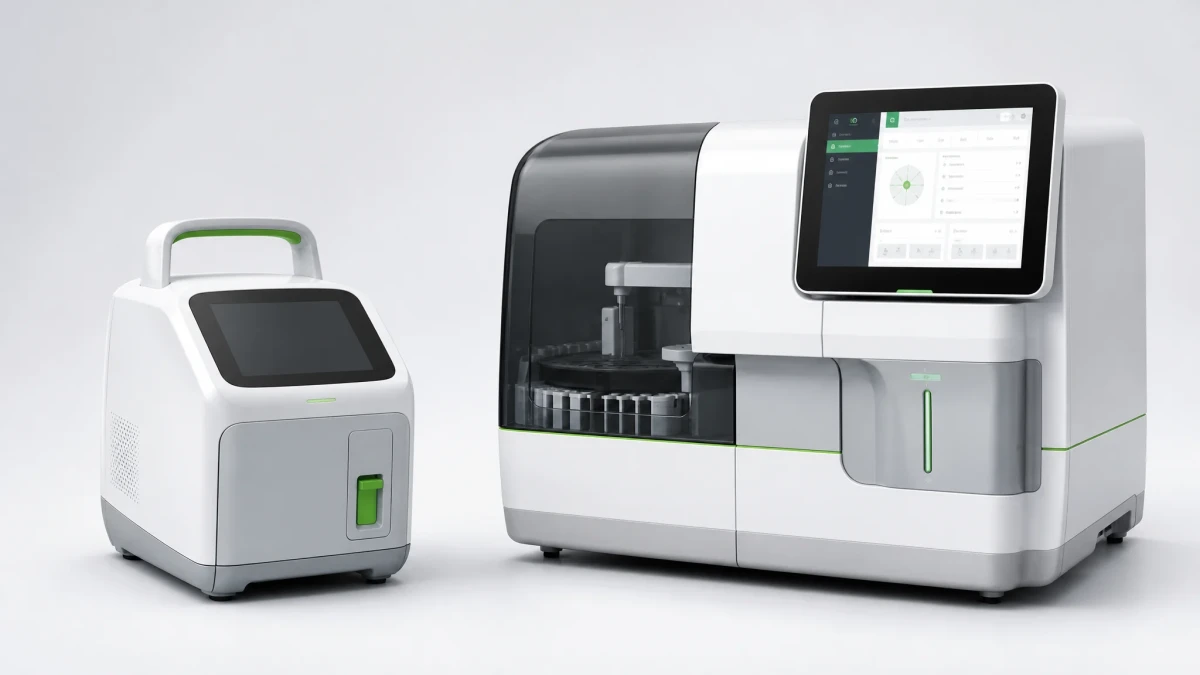 AI-80Vet compact analyzer and AI-100Vet Elite morphology analyzer side by side — the Vetsplex veterinary IVD analyzer lineup