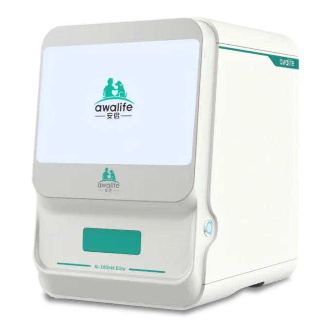 AI-100Vet Elite advanced veterinary hematology IVD analyzer with large touchscreen and automated sample handling, front three-quarter product view