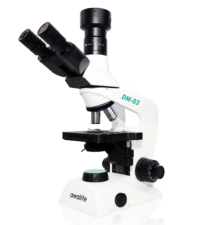 DM-03 professional veterinary digital microscope with PC connectivity showing live cell imaging, front three-quarter product view