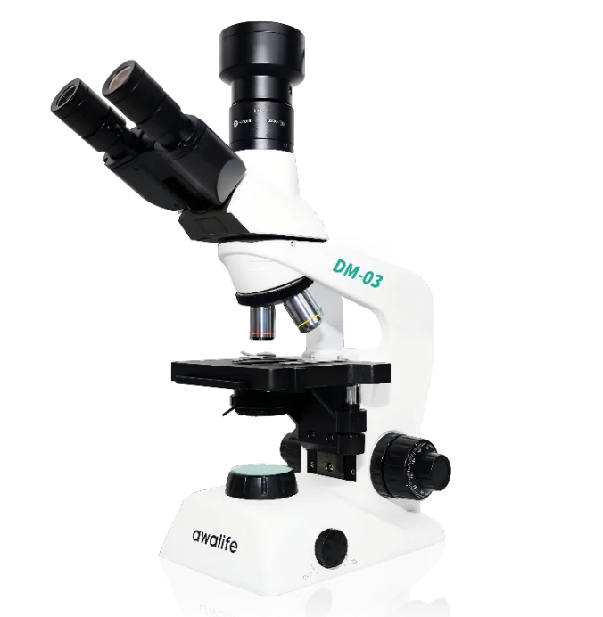 DM-03 professional veterinary digital microscope with PC connectivity showing live cell imaging, front three-quarter product view