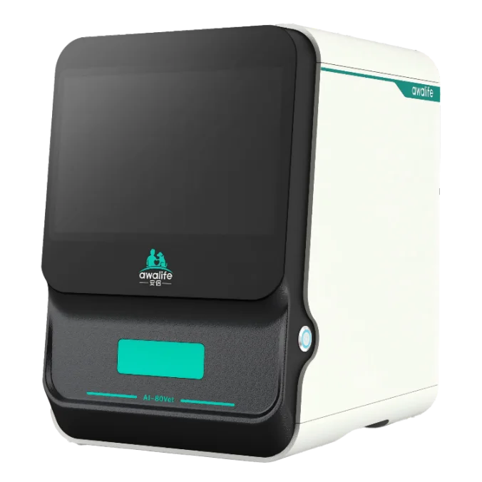 AI-80Vet portable veterinary IVD analyzer with microfluidic precision and AI image recognition, front three-quarter product view