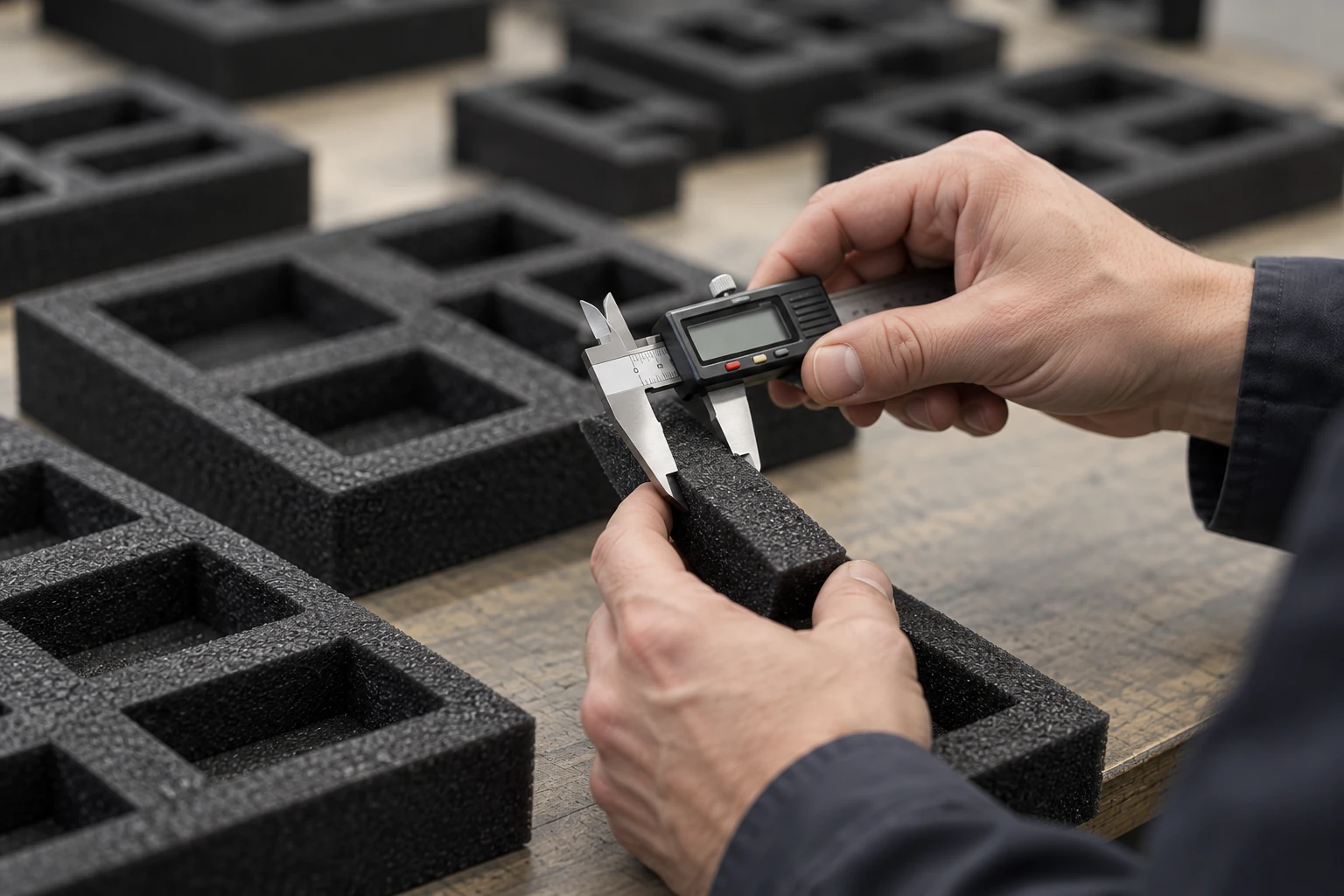 Worker checking a foam component with digital calipers