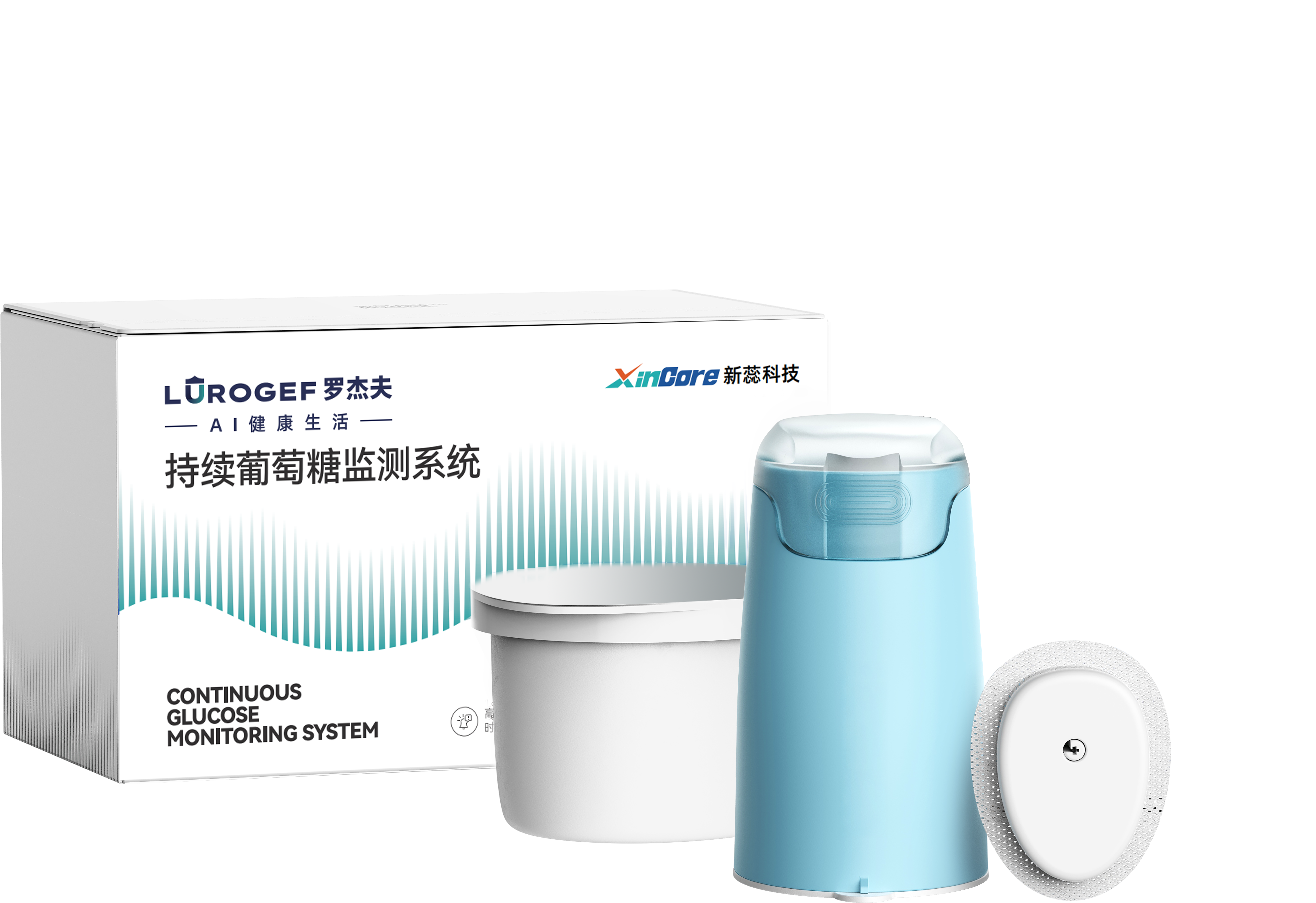 LUROGEF S10 Continuous Glucose Monitoring System package with sensor and connected display