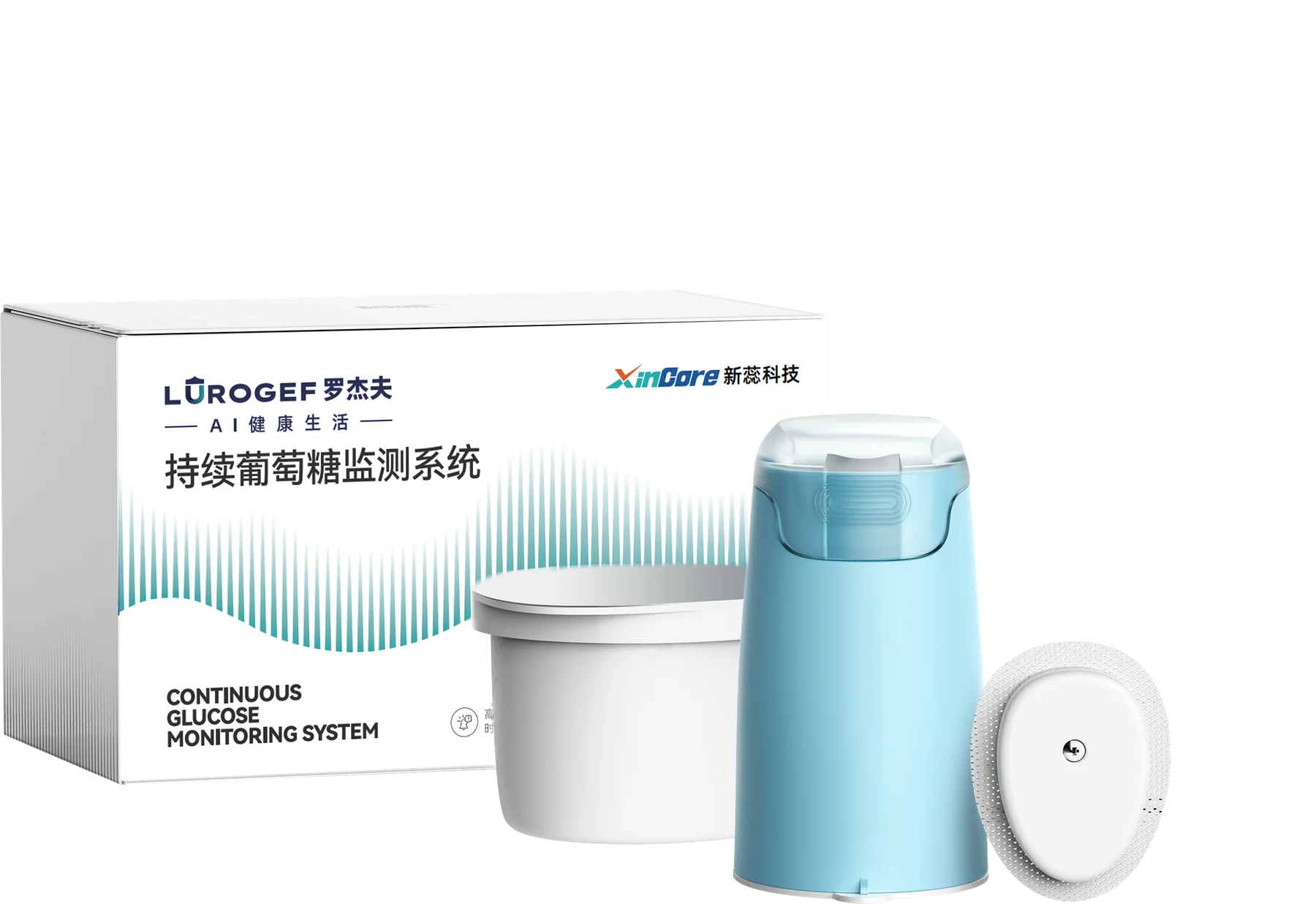 LUROGEF S10 continuous glucose monitoring system package with sensor and connected display