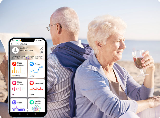 VC61 remote-care application dashboard shown beside older adults
