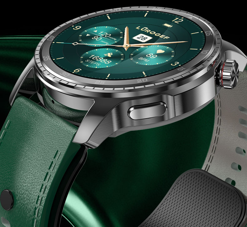 Close view of the VC61 stainless-steel bezel and green strap