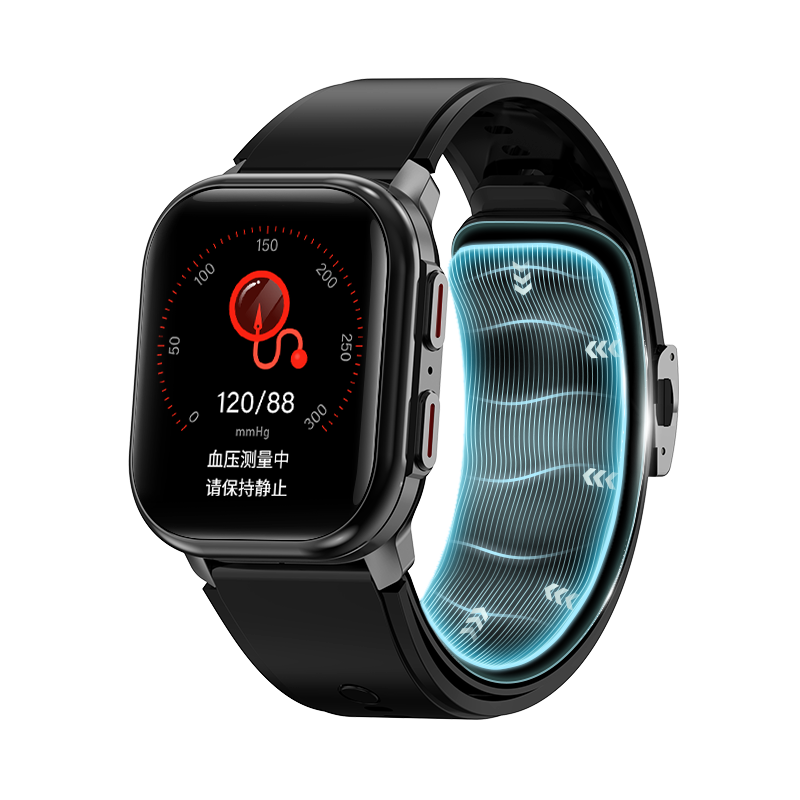VP21 black watch showing blood-pressure measurement with illuminated airbag