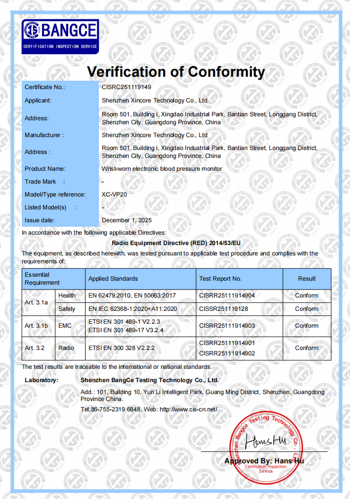 RED Verification of Conformity for XC-VP20