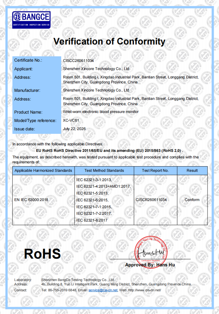 RoHS Verification of Conformity for XC-VC61