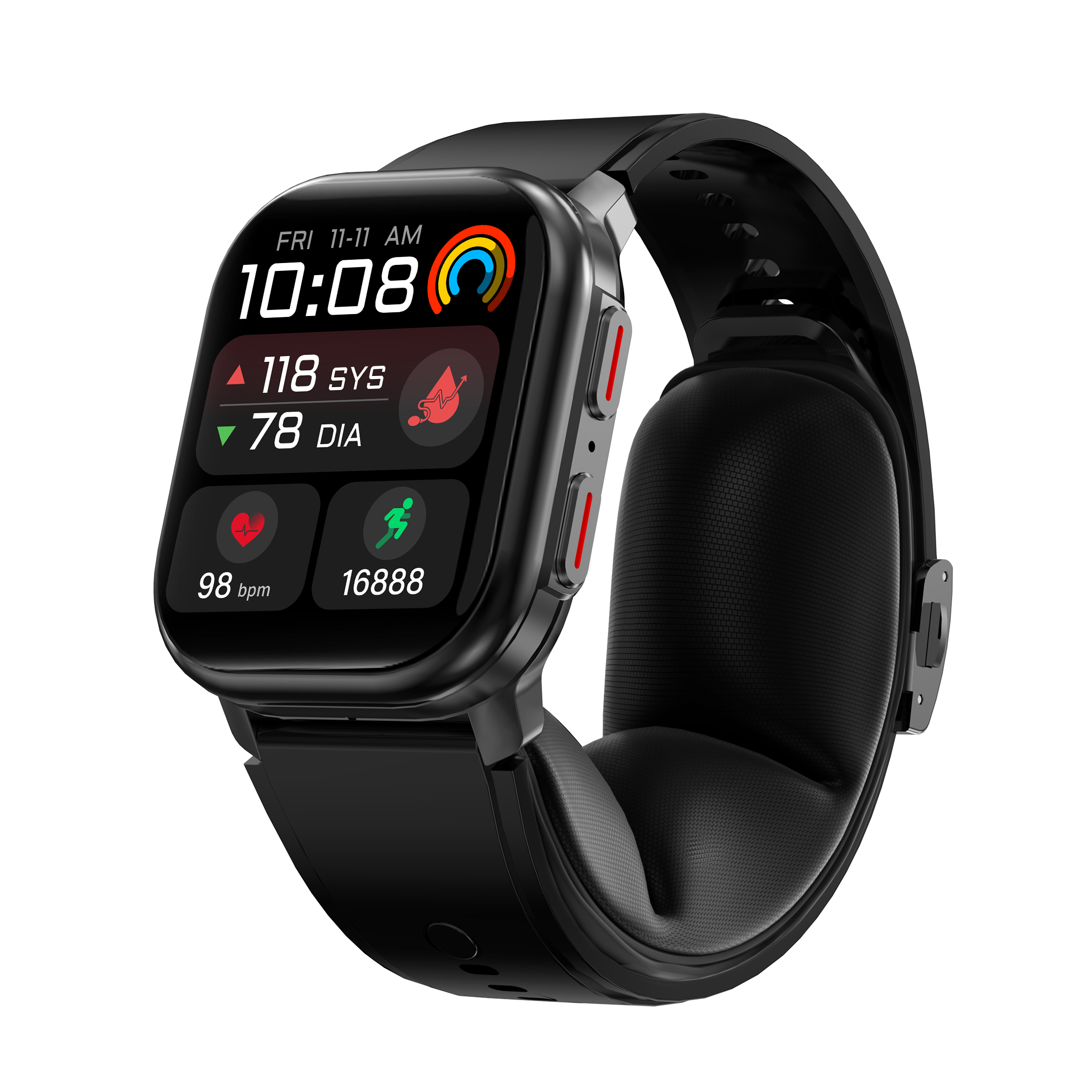 VP21 close-up showing blood-pressure dashboard and integrated cuff airbag