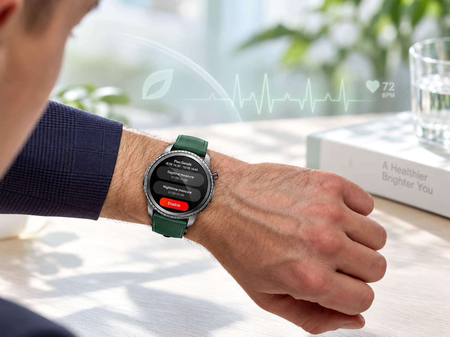 LUROGEF blood pressure smartwatch worn on the wrist showing a blood pressure measurement screen with a start-measurement control