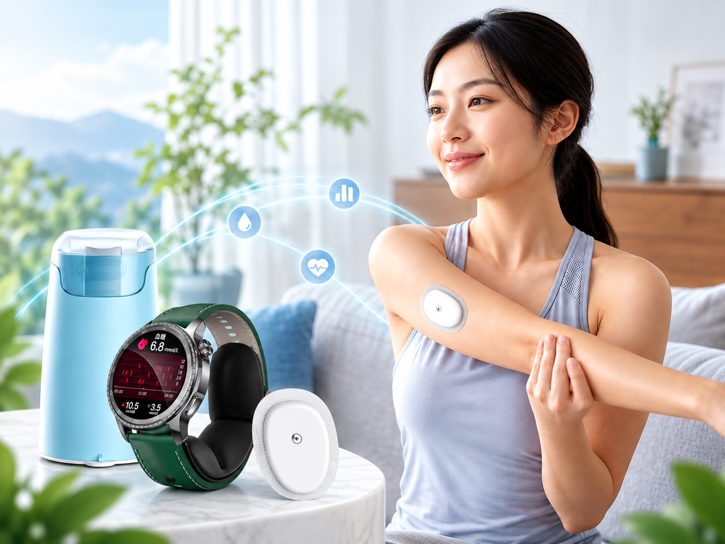 A CGM sensor applied to the upper arm beside its applicator and a spare sensor on a table