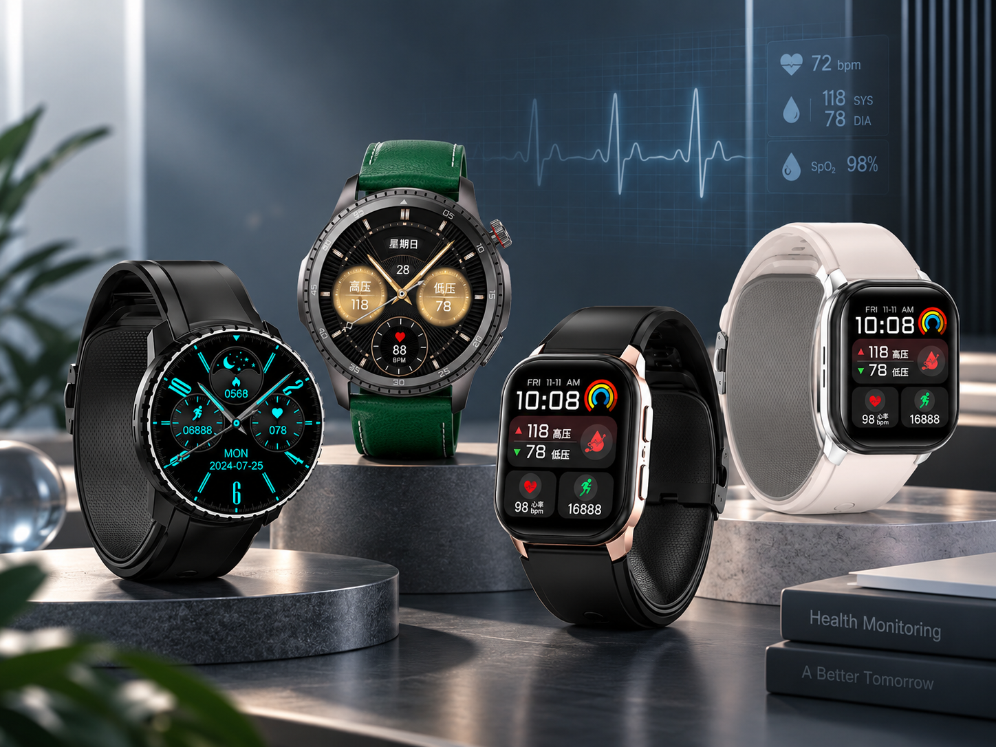 LUROGEF blood pressure watch collection with round and rectangular wrist platforms