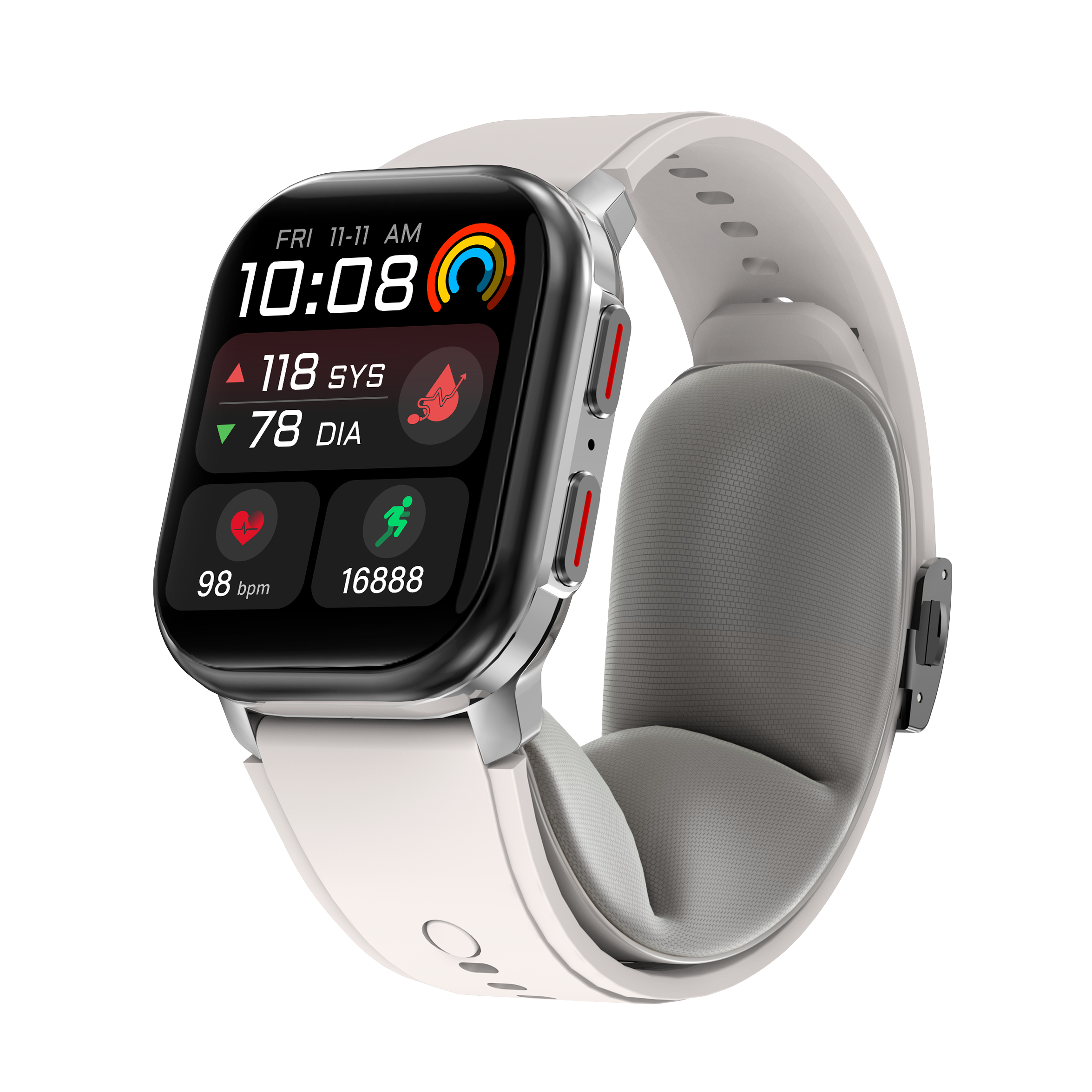 VP21 silver watch with connected health dashboard and cuff airbag
