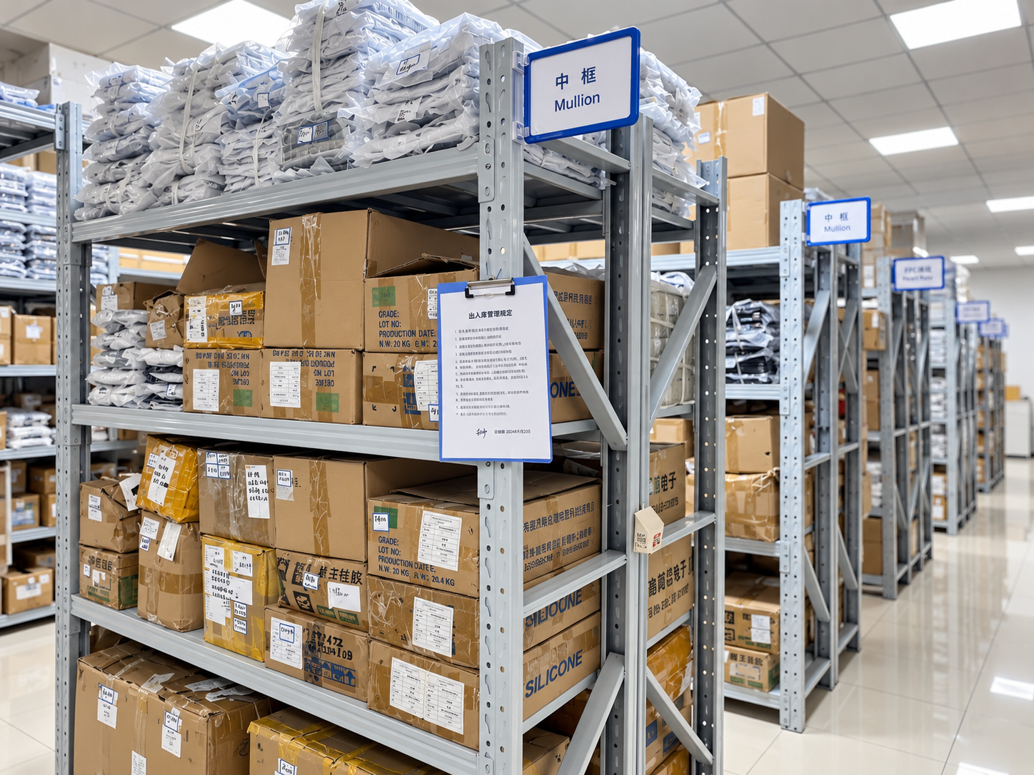 Labelled components and materials stored on warehouse shelving