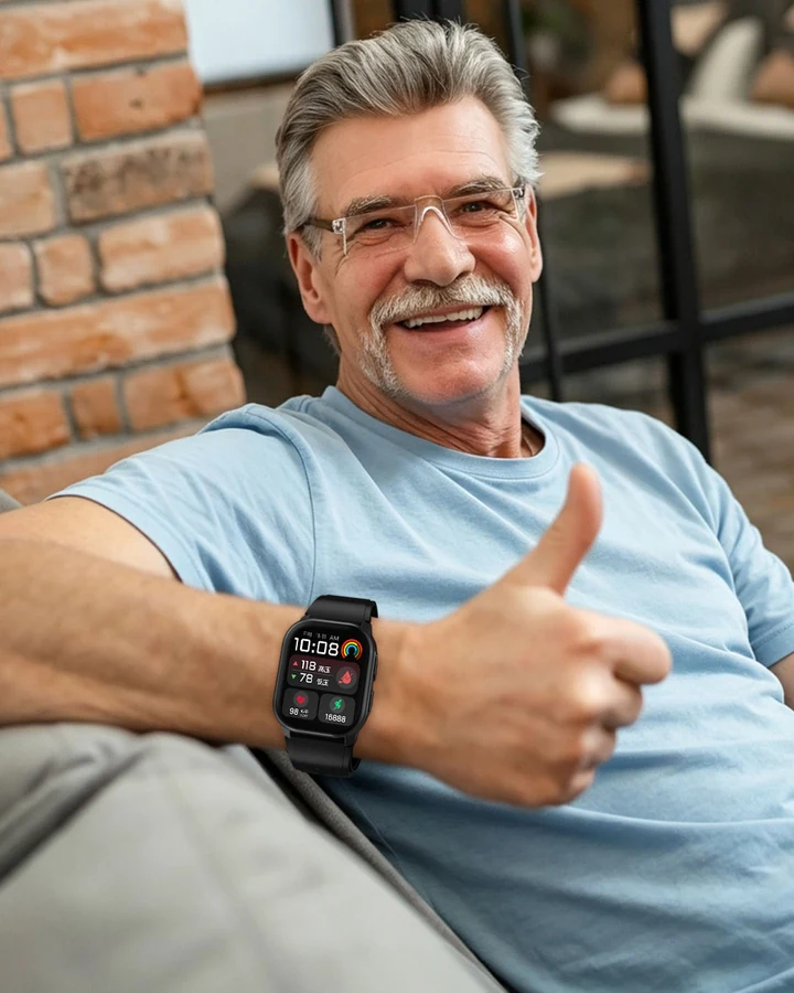 Older man at home wearing a connected blood pressure watch