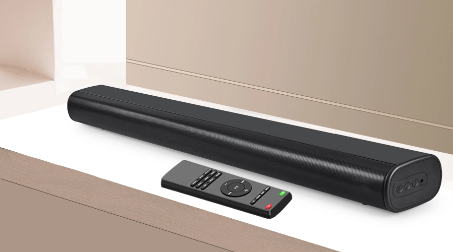 soundbar with remote control button control soundbar status indicator