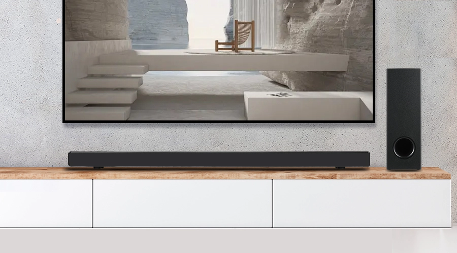 soundbar with wireless subwoofer TV audio improved