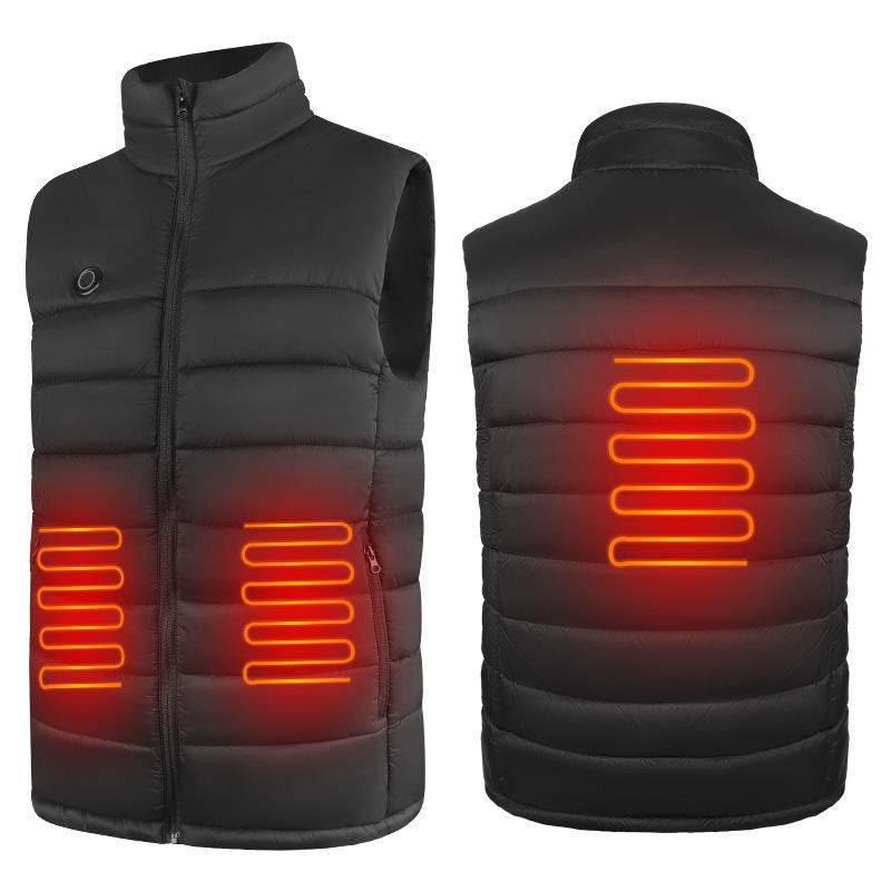 Black heated vest shown from front and back with highlighted heating zones