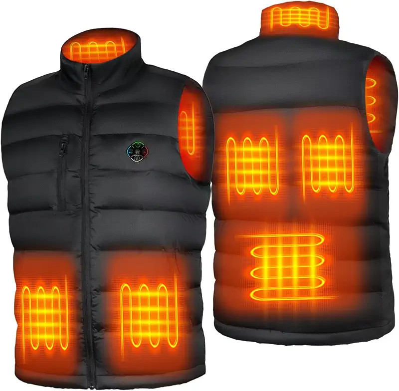 Black heated vest reference showing front and back heating-zone coverage