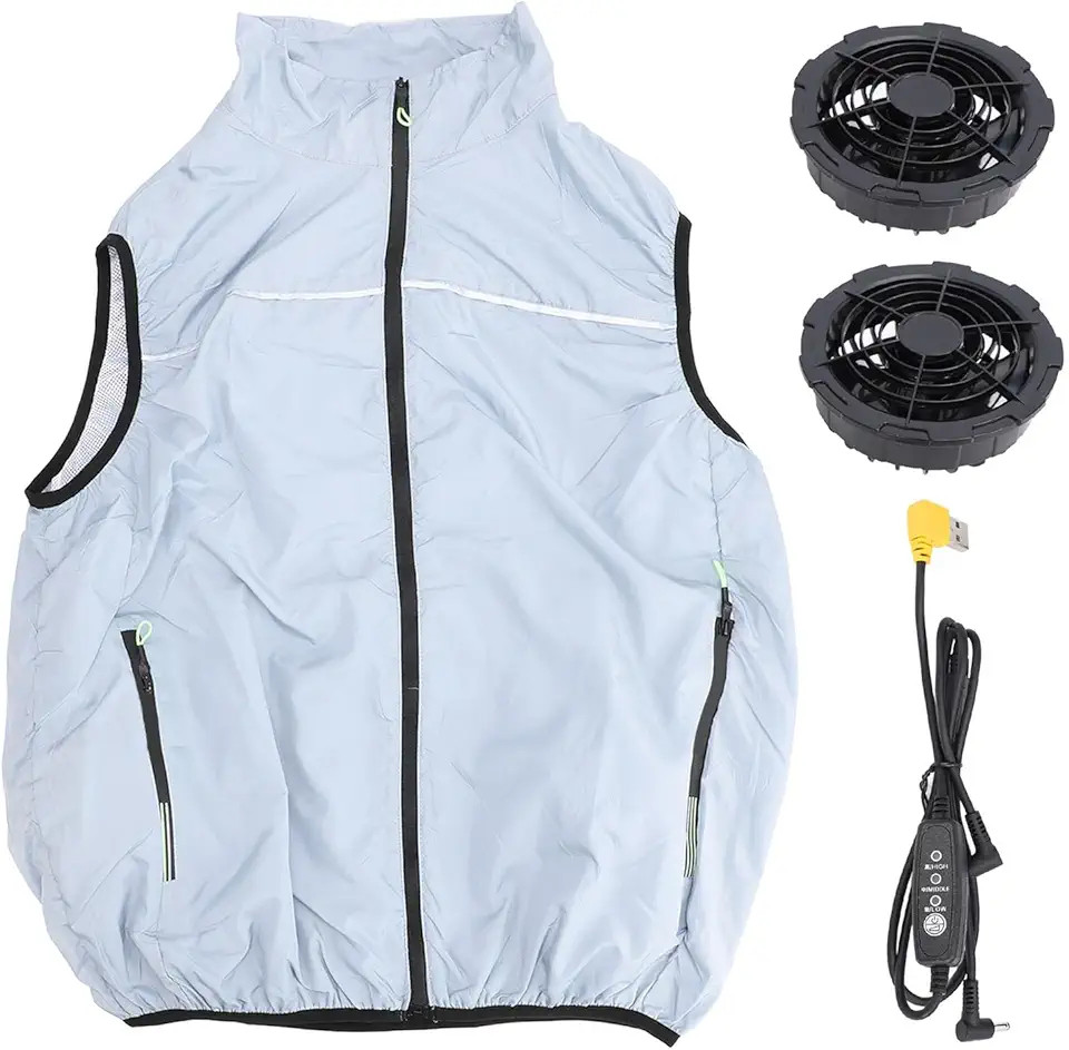 Light blue fan cooling vest with two garment-mounted fans and controller components