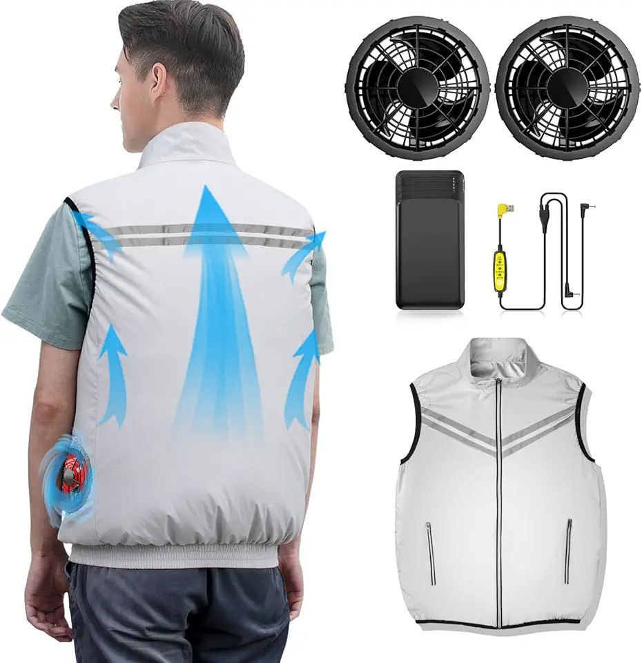 Fan cooling vest rear view with airflow diagram, fans, battery and controller
