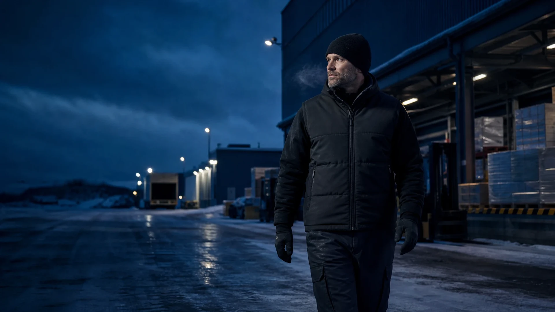 Worker in black insulated heated workwear at a cold logistics loading area