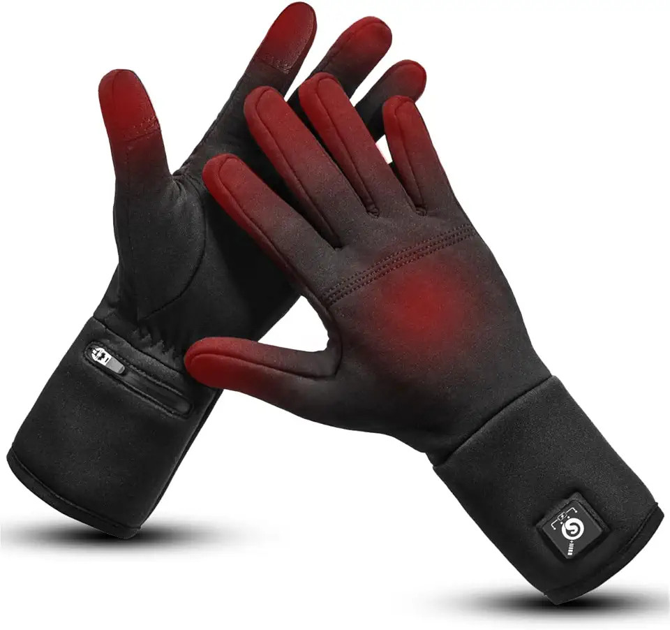 Rechargeable heated gloves with highlighted heating areas