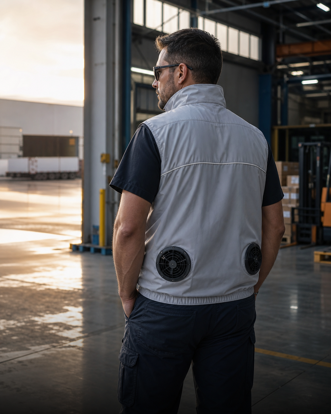 Worker wearing a light gray fan-cooling vest with two garment-mounted fans in a modern loading environment