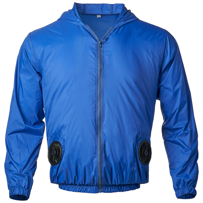 Blue hooded four-fan cooling jacket shown from the front with two visible lower-front fans
