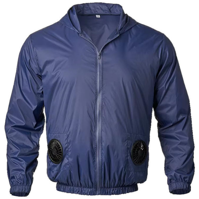 Dark blue hooded four-fan cooling jacket shown from the front with two visible lower-front fans