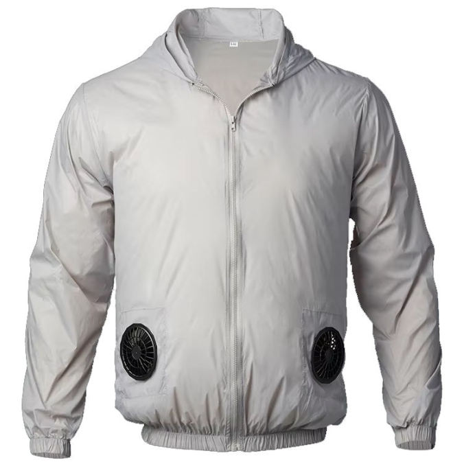 Light gray hooded four-fan cooling jacket shown from the front with two visible lower-front fans