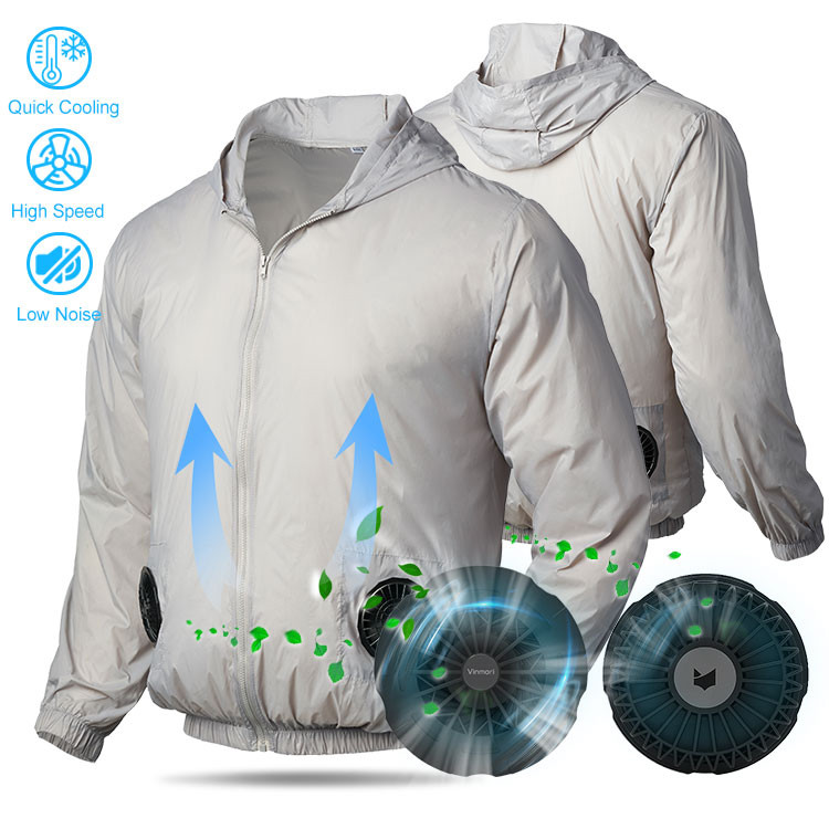 Supplier product detail image showing front and rear views of the light gray cooling jacket with separate fan modules and airflow graphics