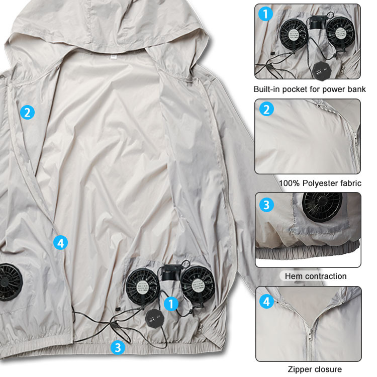 Supplier product detail image showing the jacket interior, four-fan wiring, power-bank pocket, polyester fabric, elastic hem and zipper closure