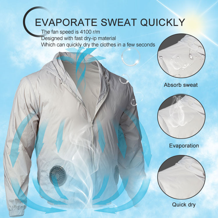 Supplier product detail image illustrating airflow, sweat evaporation and quick-dry fabric claims for the light gray fan cooling jacket