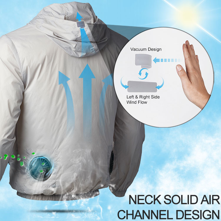 Supplier product detail image illustrating the rear fan position and airflow channel toward the jacket neck