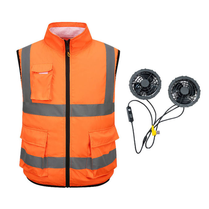 Fluorescent Orange + fan color option for Reflective outdoor cooling vest with fan