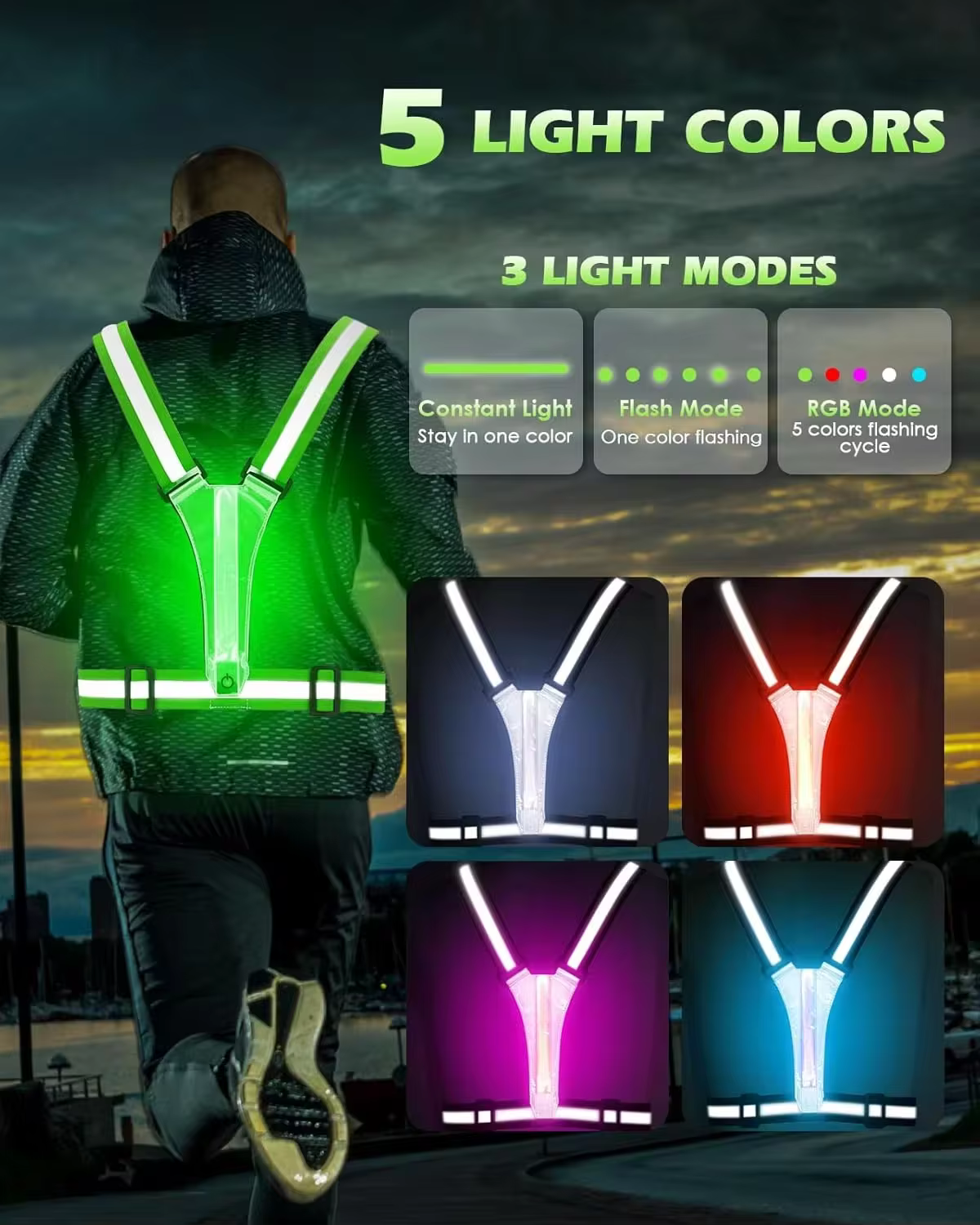 LED vest product reference showing illuminated active light strips