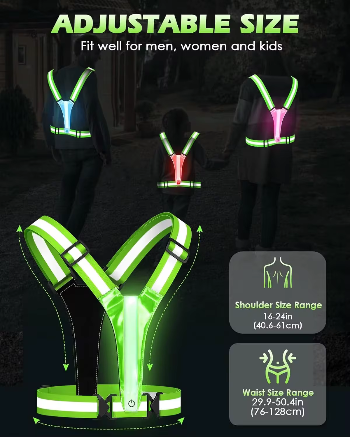 Rechargeable LED vest reference showing active light and reflective construction